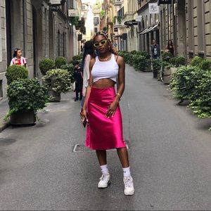 hot pink satin skirt